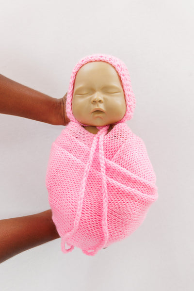 Knit Wrap + Bonnet - Pink