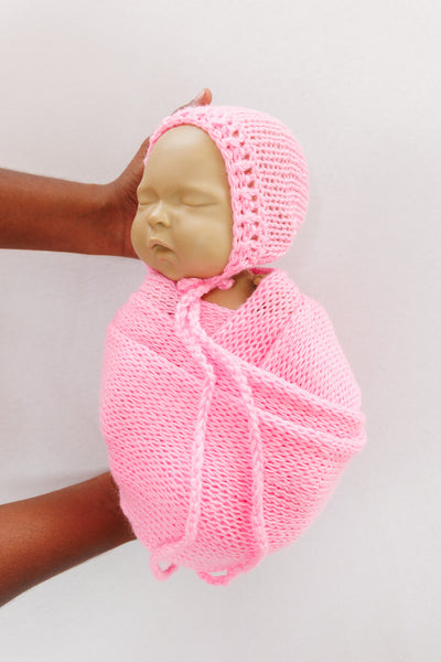 Knit Wrap + Bonnet - Pink