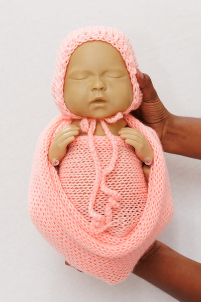 Knit Wrap + Bonnet - Peach