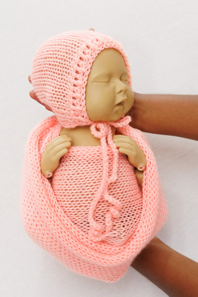 Knit Wrap + Bonnet - Peach