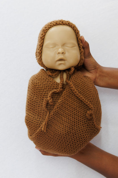Knit Wrap + Bonnet - Brown